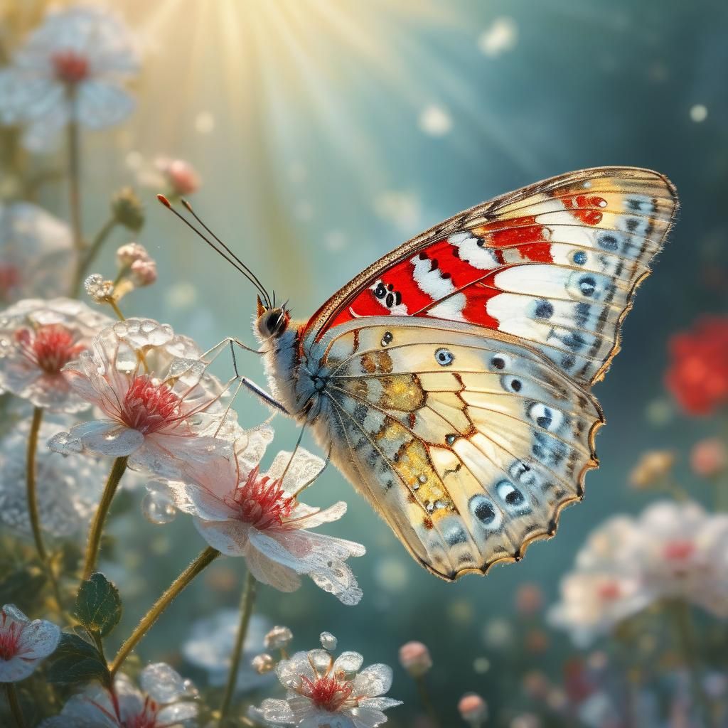 Red and White Butterfly in Impressionist Style