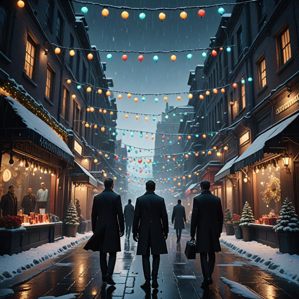 Cinematic Men in Black Scene Amidst Winter Wonderland