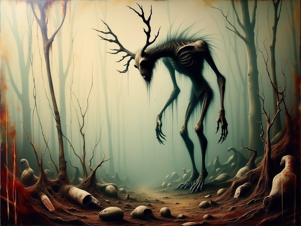 Ethereal Wendigo Emerges from Surrealist Landscape