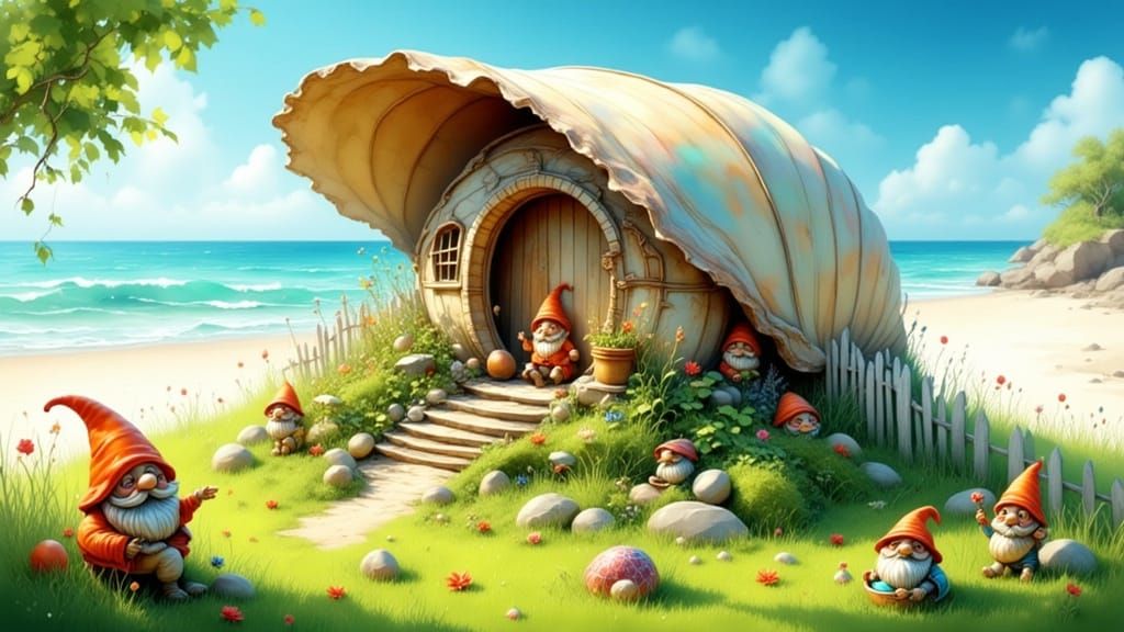 Whimsical Gnome Beach Home in Giant Clam Shell