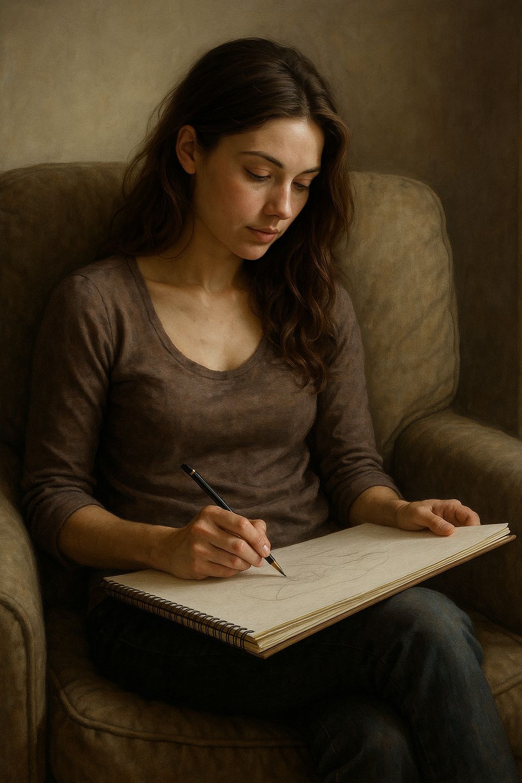 Beautiful Woman Sketching on Armchair, Detailed Realistic