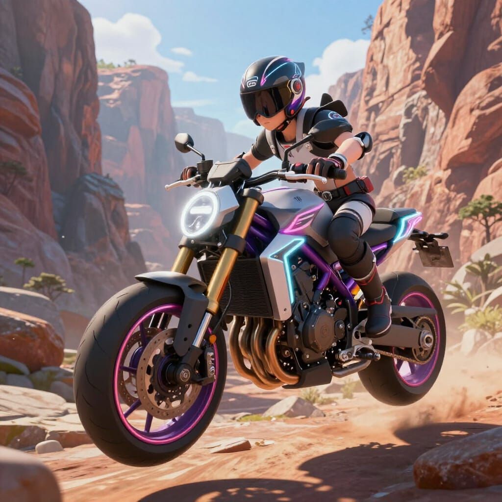 Neon Japanese Motorcycle Jumps Dramatic Canyon in 3D Anime S...