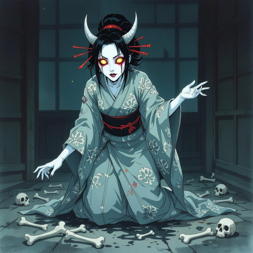 Eerie Oni Woman in Ominous Room: Watercolor Style