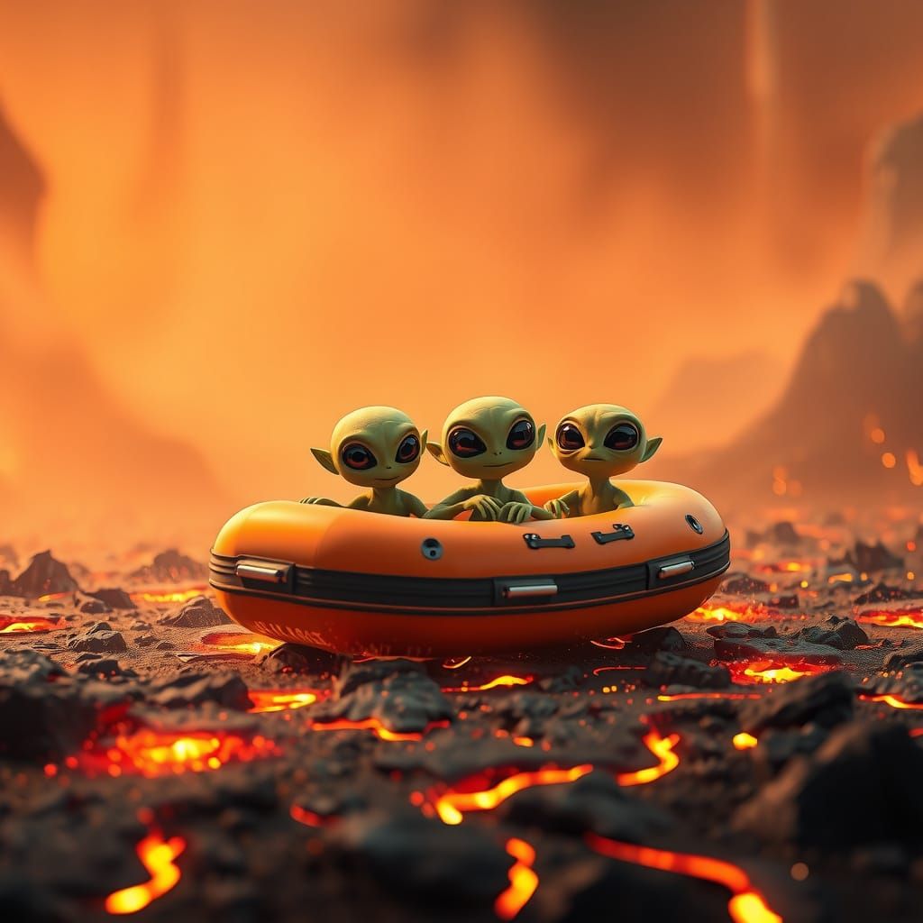 Cute Aliens in Life Boat on Lava Ocean