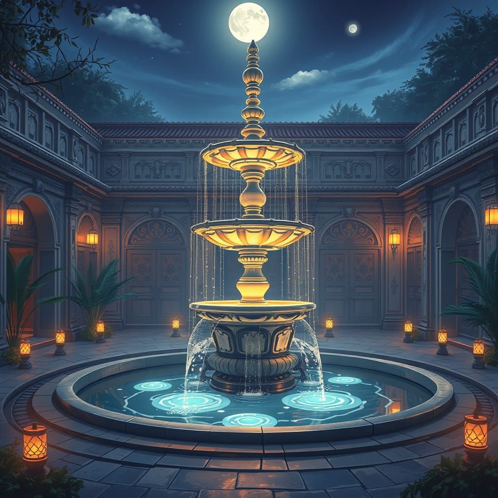 Glowing Fountain in Moonlit Courtyard: Dreamlike Ghibli Styl...