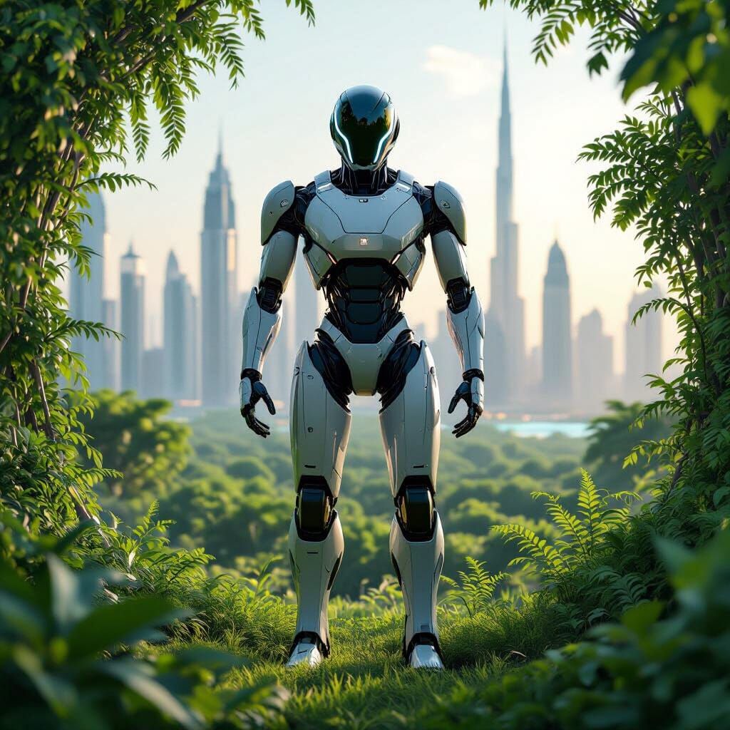 Futuristic Robot in Eco-Dubai Landscape