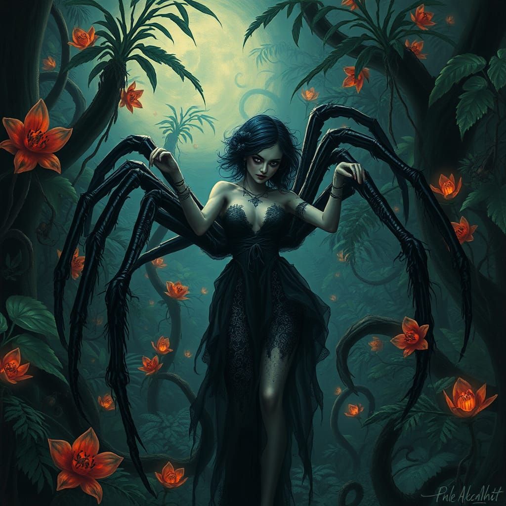 Arachnid Femme Fatale in Bioluminescent Jungle