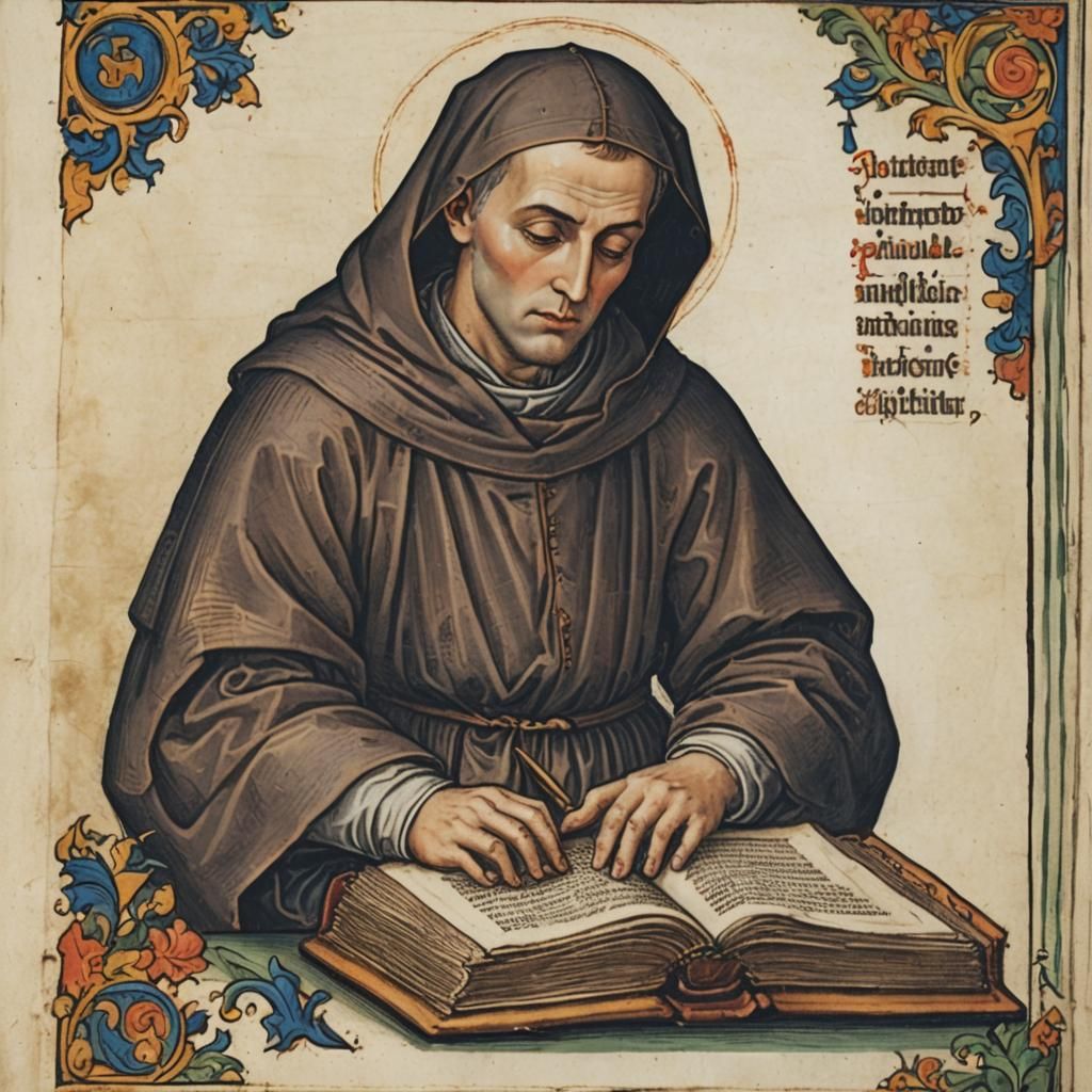 Monk Copying Bible in Illuminated Manuscript Style