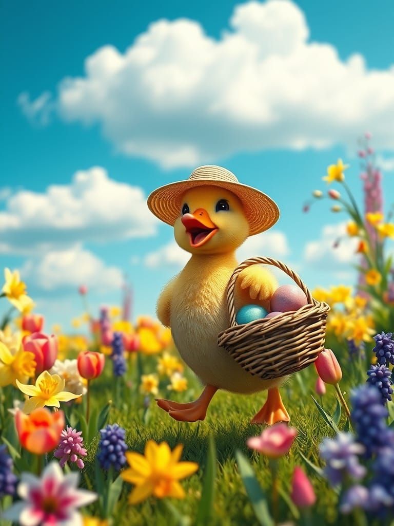 Vintage Easter Duckling Runs Through Whimsical Spring Landsc...