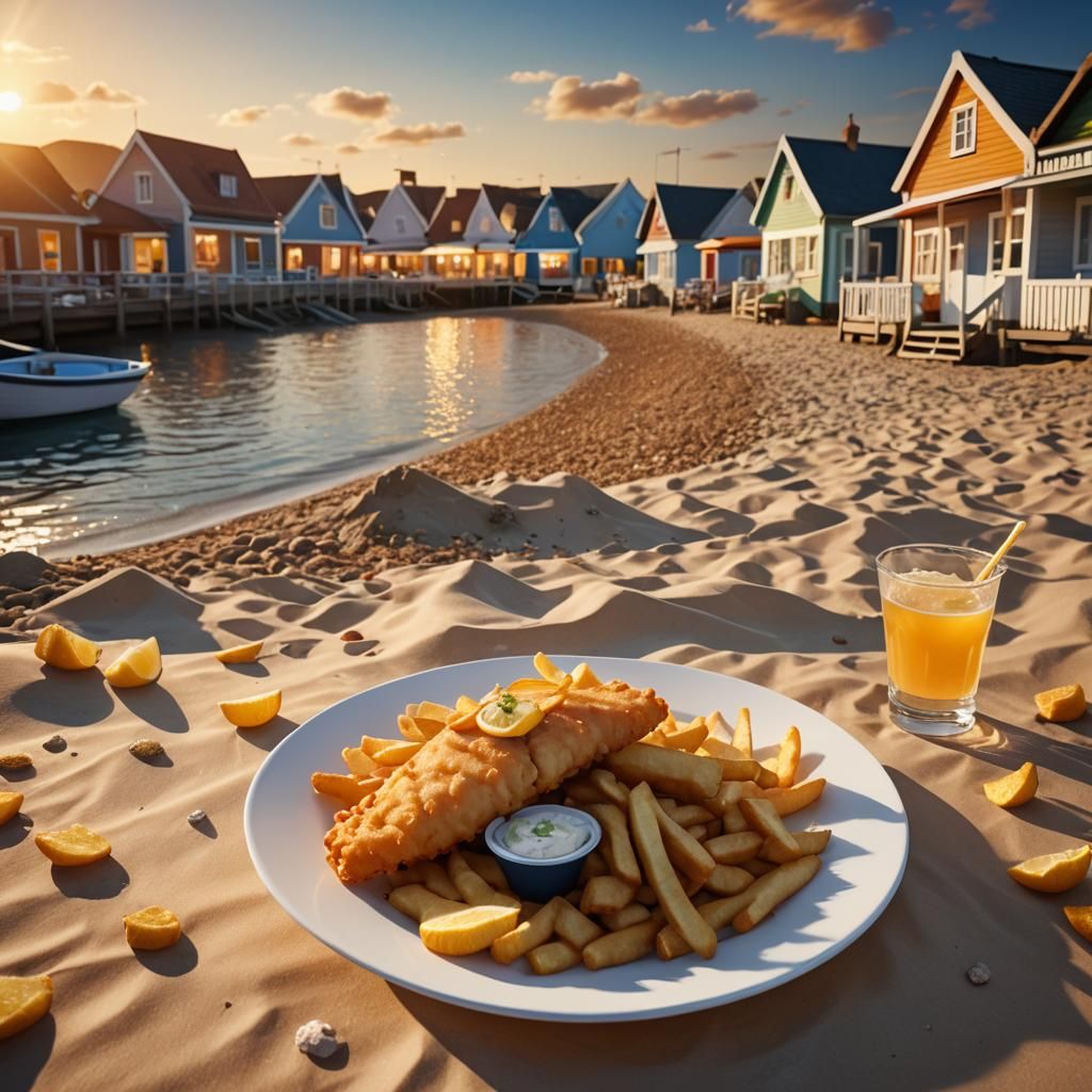 Golden Fish and Chips on a Seaside Plate, British Nostalgia