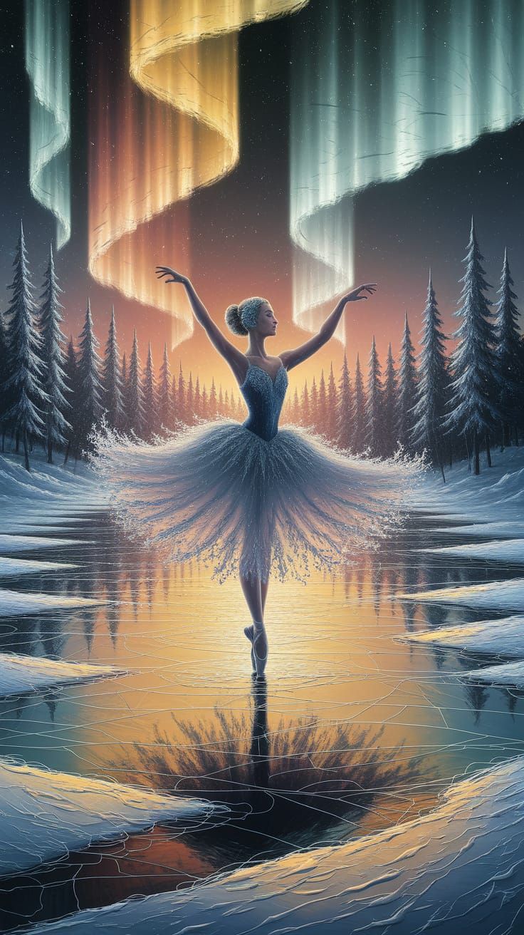 Enchanting Ballerina in Northern Lights Oil Painting