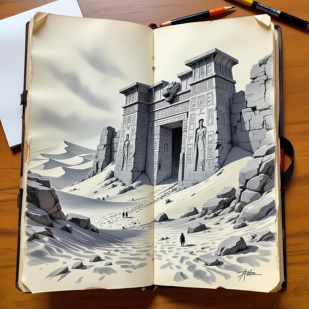 Desert City Ruins Sketch with Stone Dragon