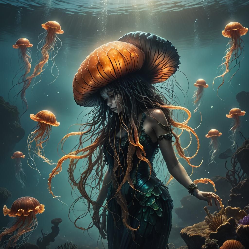 Bioluminescent Jellyfish and Mermaid in Dark Fantasy Art