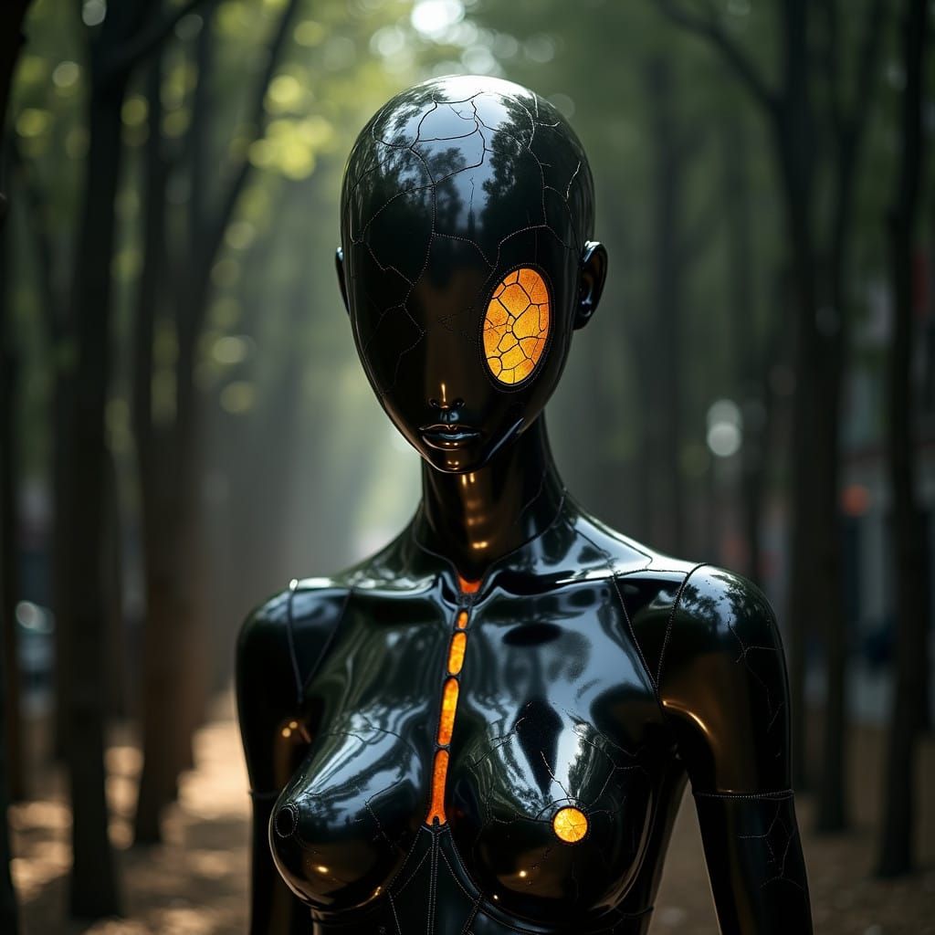 Futuristic Heroine in Urban Landscape, Radiating Golden Ligh...