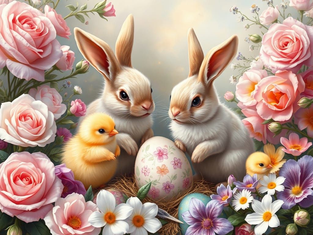 Whimsical Easter Scene with Bunnies and Flowers