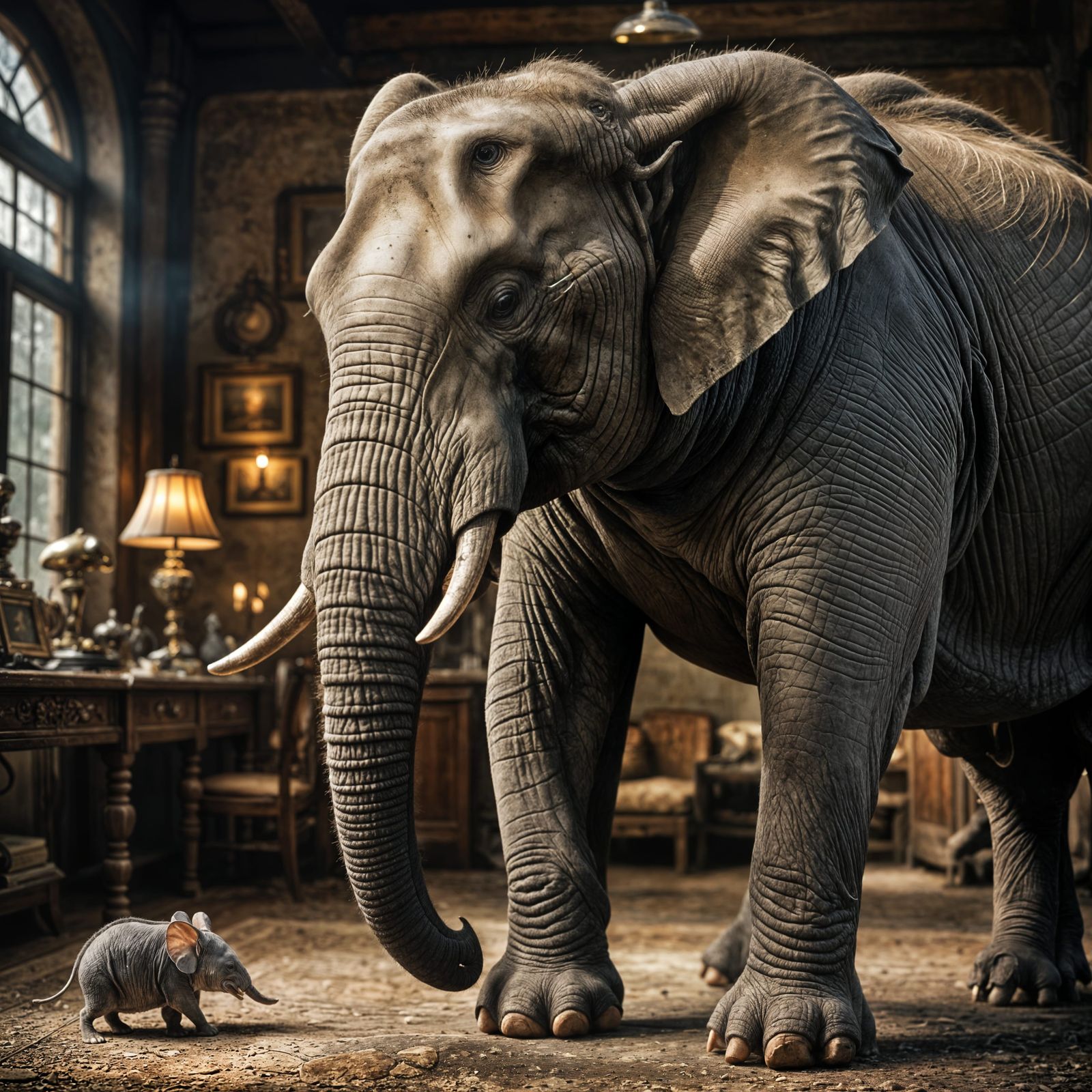 Hyperrealistic Elephant and Mouse Interaction