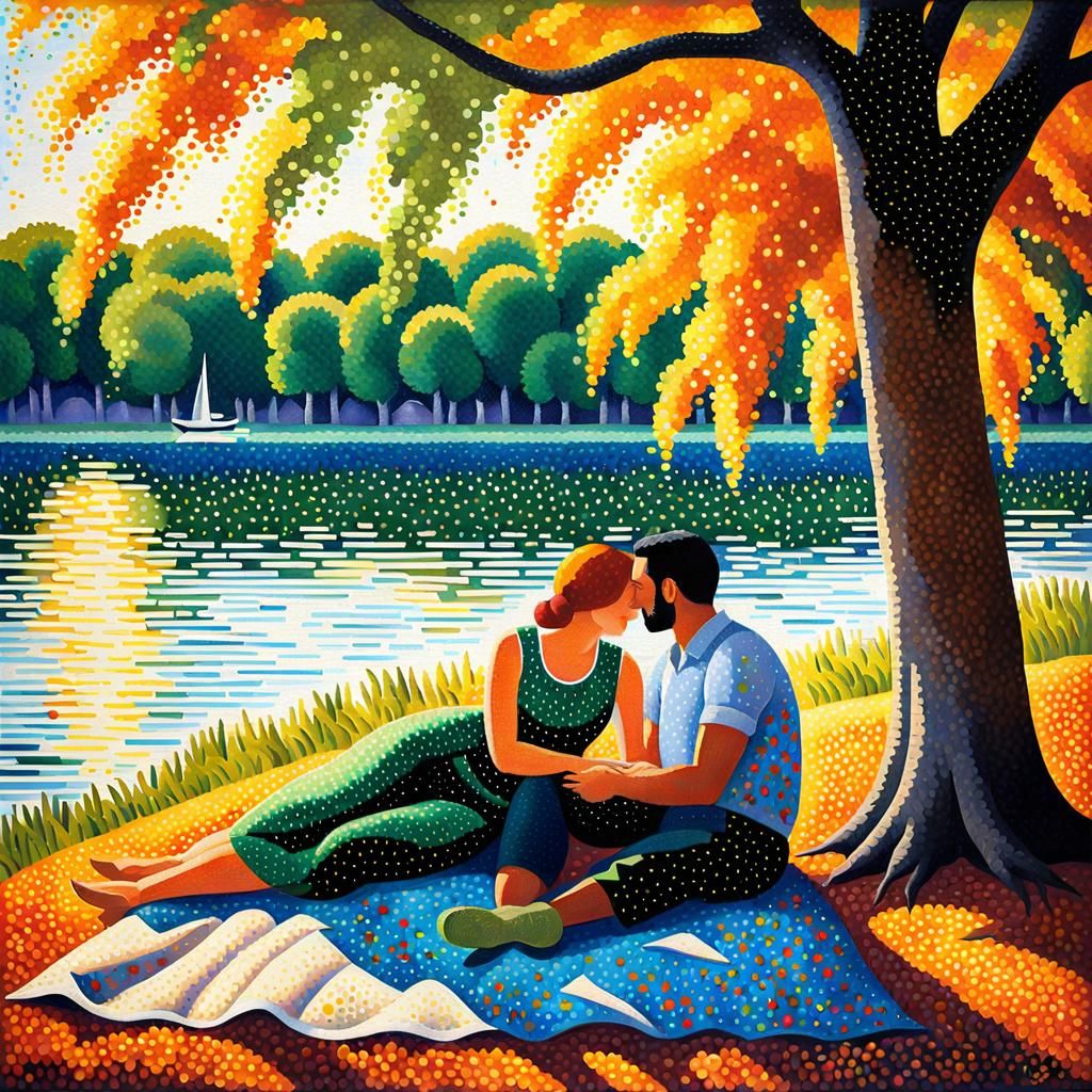 Lakeside Couple in Pointillist Impressionism Style