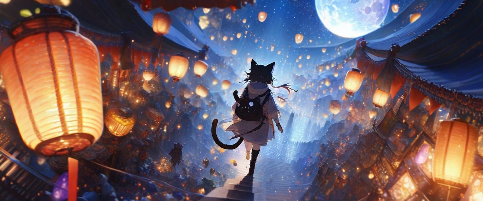 Fantasy Market Scene with Catgirl and Soft Lighting