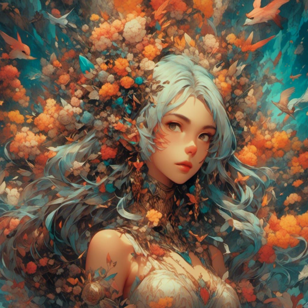 Anime Rocket Girls with Flowers, Detailed Digital Art