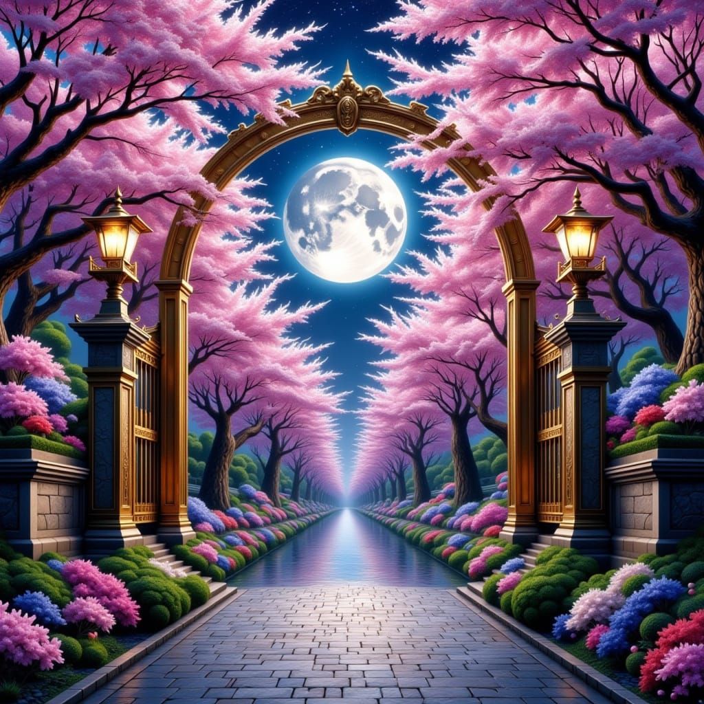 Golden Gate of Enchanted Dreams in a Japanese Night Garden