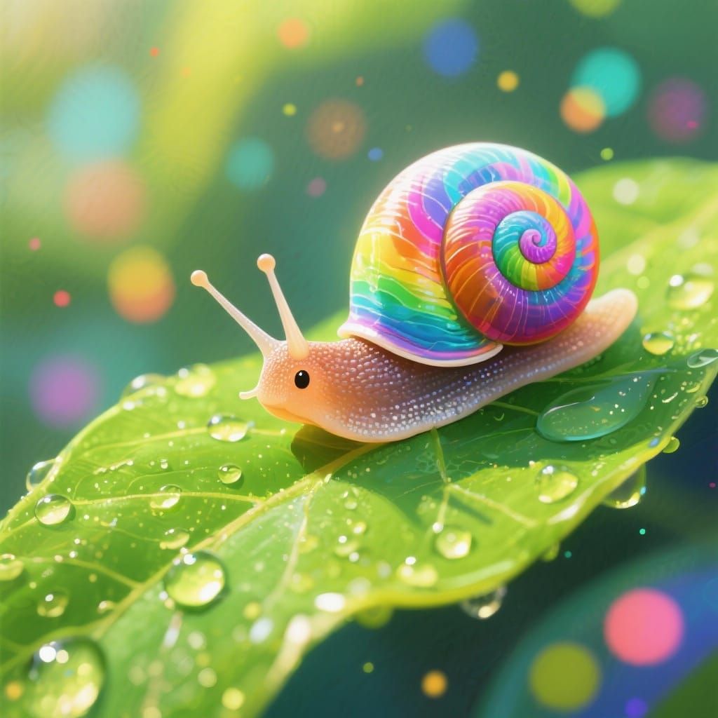 Whimsical Snail with Psychedelic Shell on Leaf
