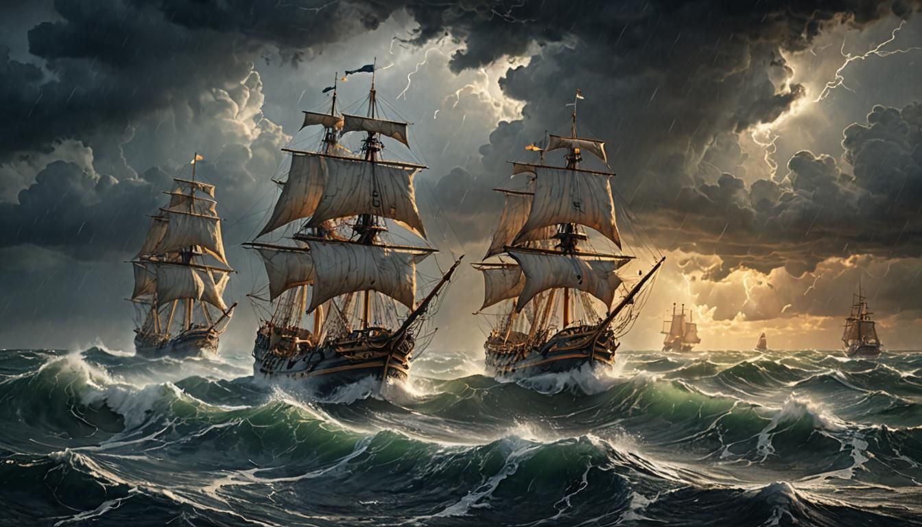 Galleons in Stormy Seas: A Maritime Painting