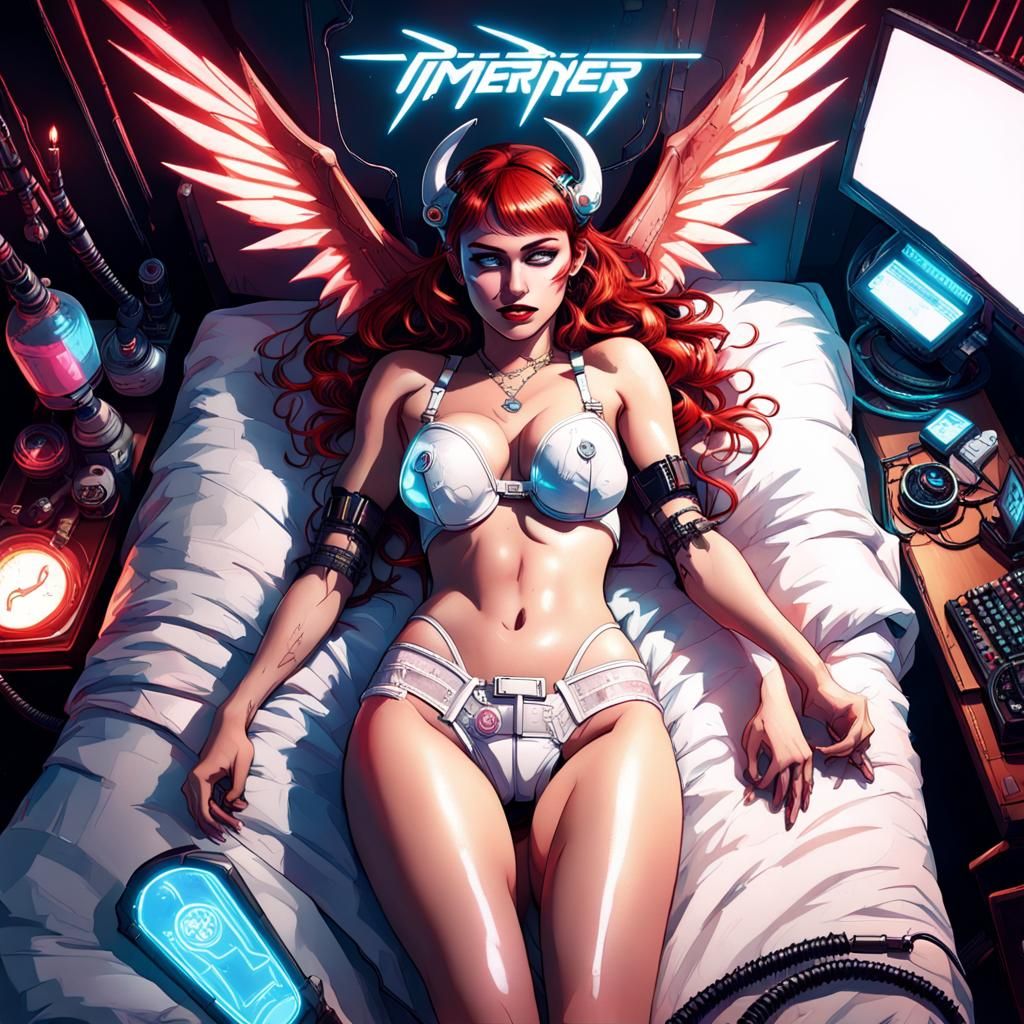 Cybernetic Doll with Vampire Wings in Neon Cyberpunk Style