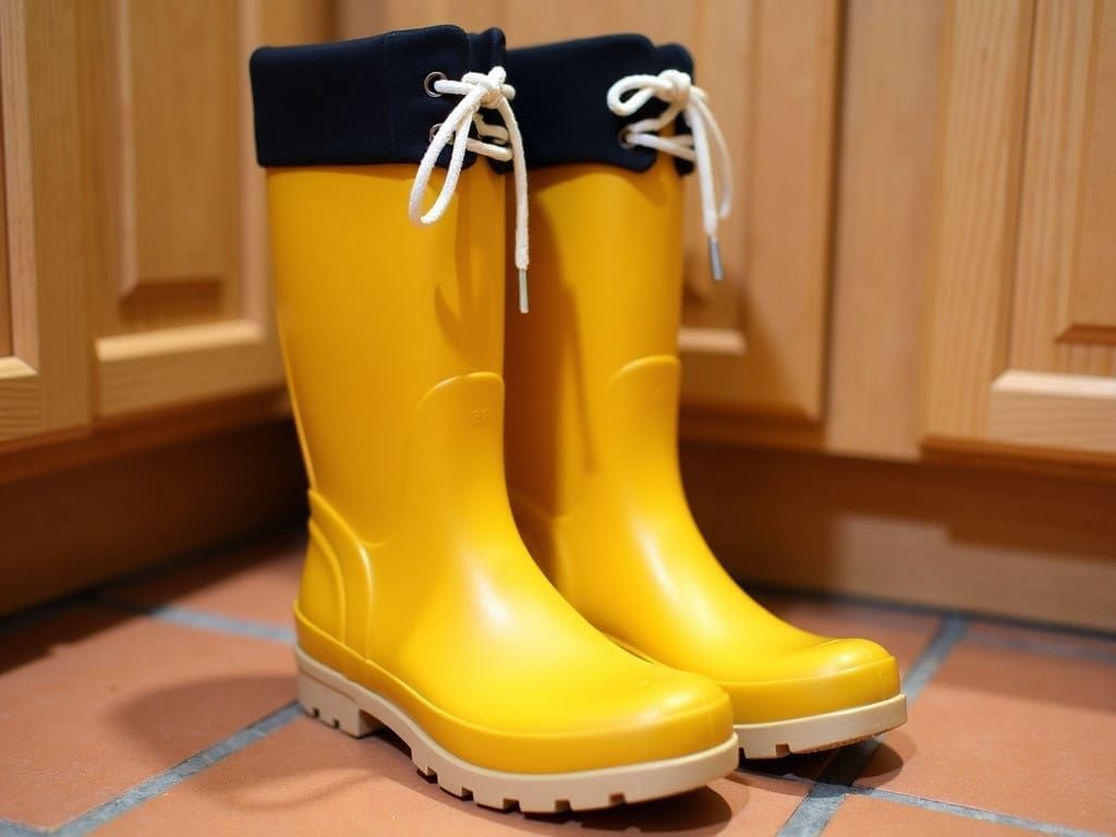 Vibrant Yellow Rubber Boots Sit Side by Side on Earthy Tiled...