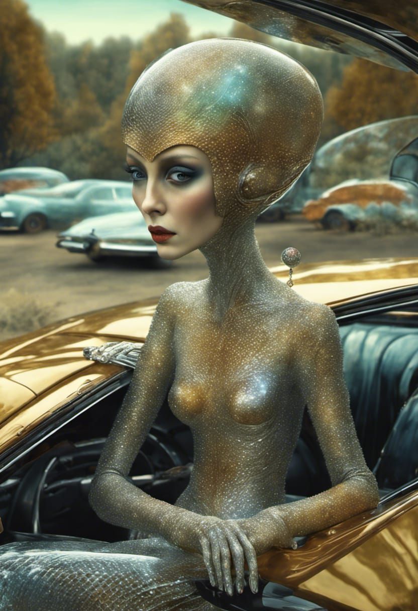 Happy Alien People Driving Exquisite Automobiles