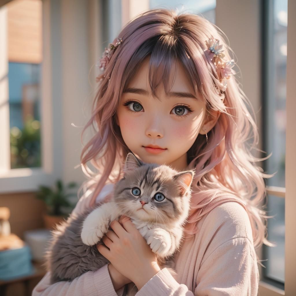 Kawaii Anime Portrait: Teen Girl and Baby Cat