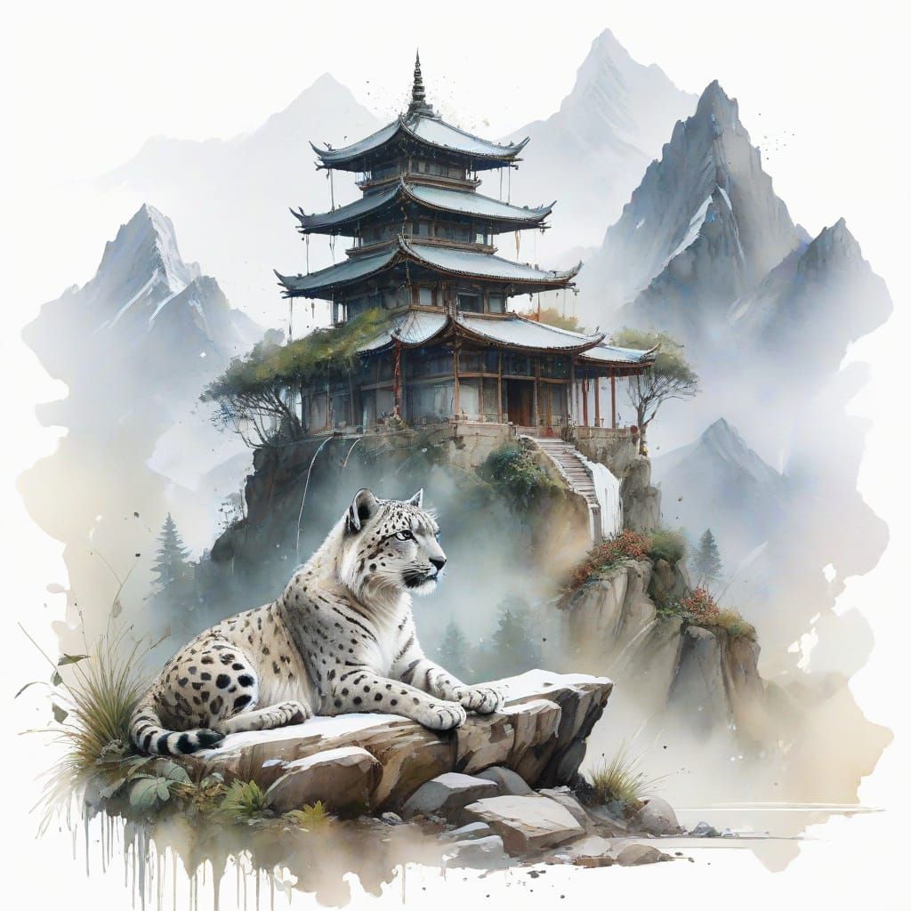 Ethereal Himalayan Temple Scene in Whimsical Watercolour Sty...