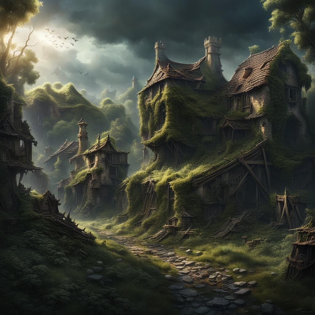 Overgrown Ruined Village in Dark Fantasy Style