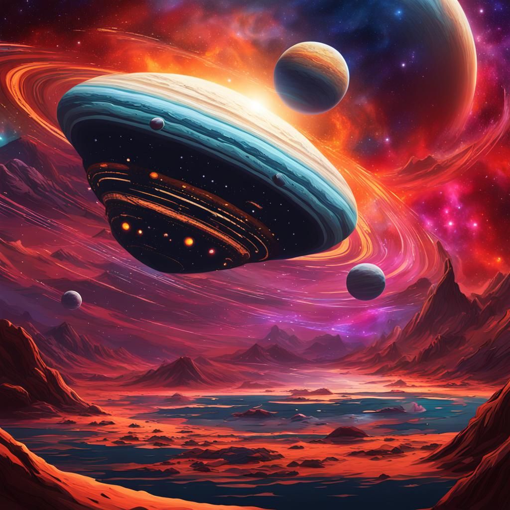 Alien Mothership Orbiting Gas Giant in Cosmic Storm