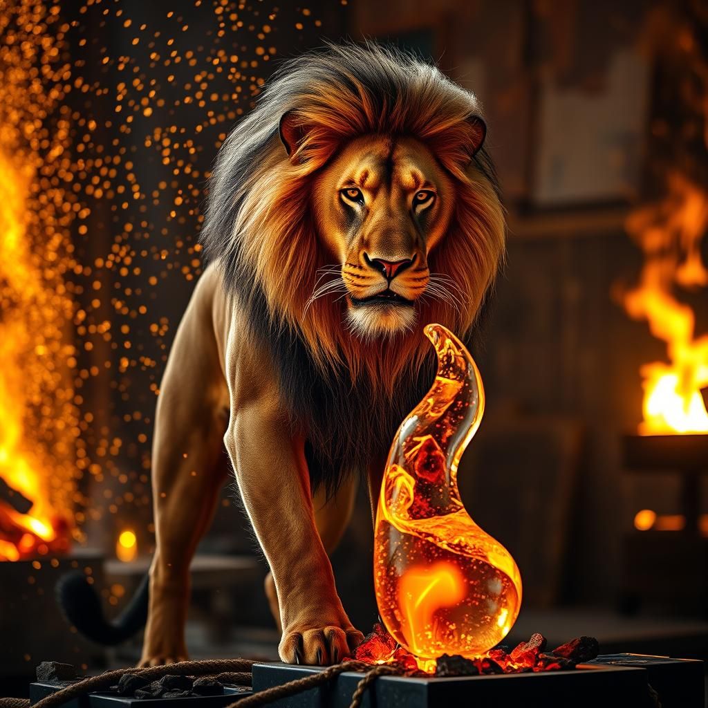 Majestic Lion Crafts Glass Sculpture in Fiery Studio