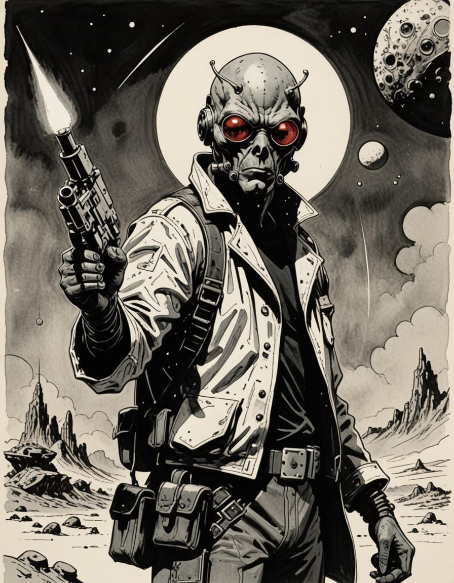 Retrofuturistic Thug in 1940s Style, Alien Planet, Black and...