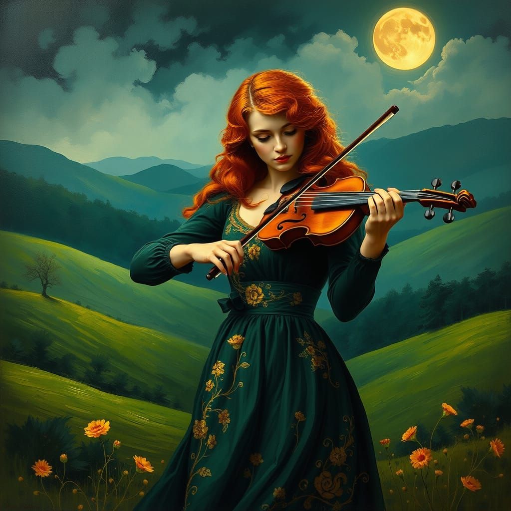 Ethereal Irish Fiddler in Dreamlike Landscape