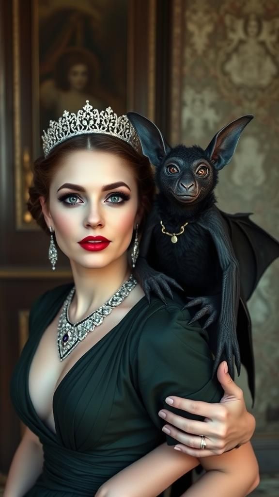 Byzantine Empress and Bat in Campy Horror Image