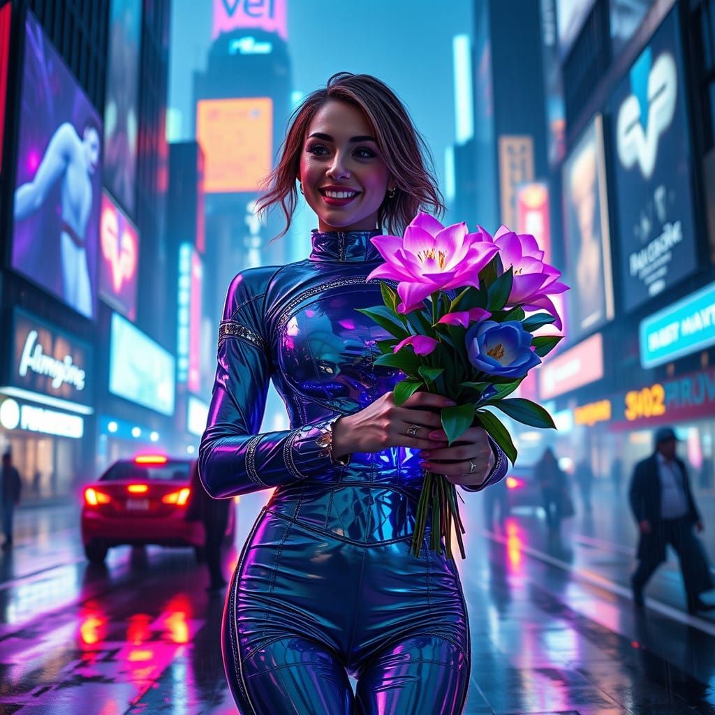 Cyberpunk Goddess Receives Radiant Gift in Vibrant City