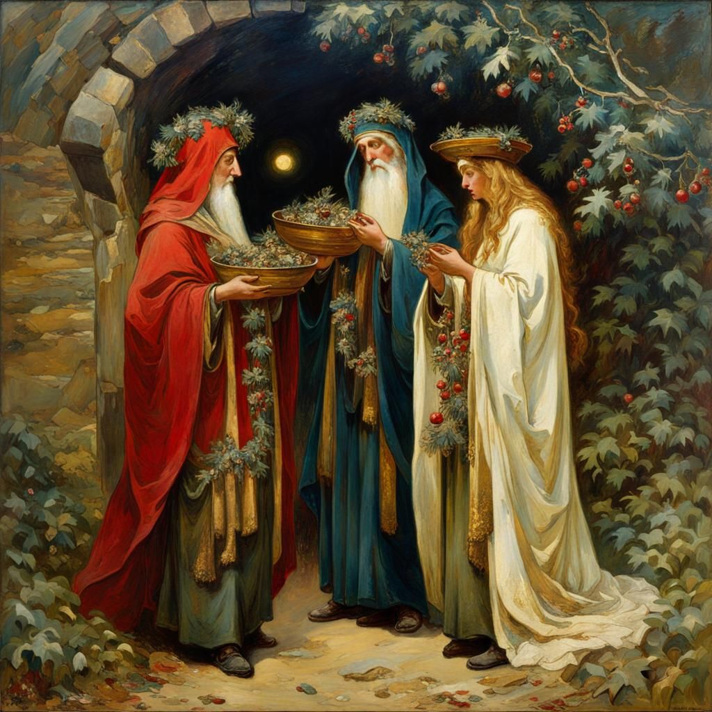 Druids Gathering Mistletoe: A Polychrome and Gold Masterpiec...