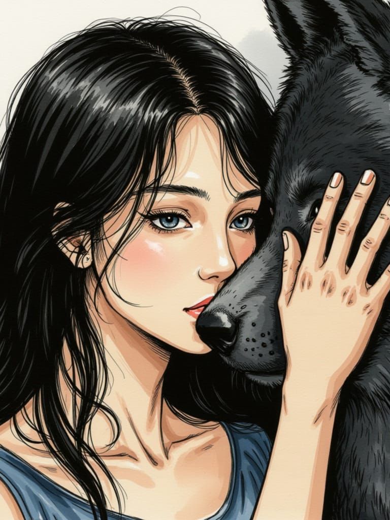 Manga Art of Woman and Wolf in Amano Yoshida Style