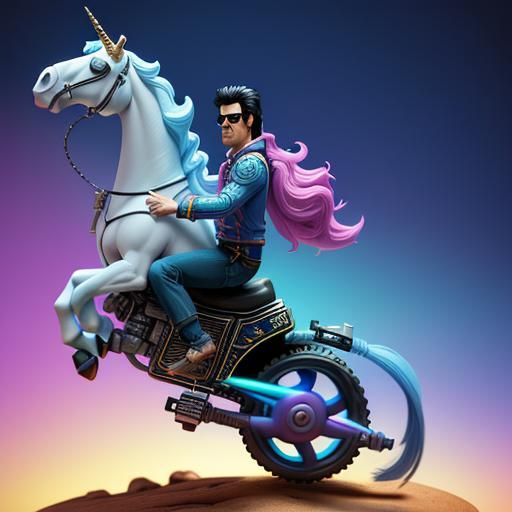 Elvis riding unicorn