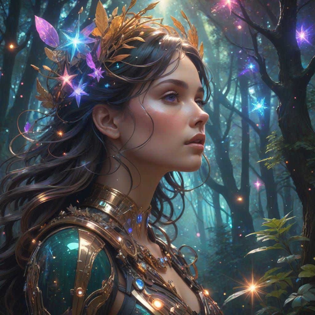 Whimsical Cosmic Forest Landscape in Cyberpunk Style