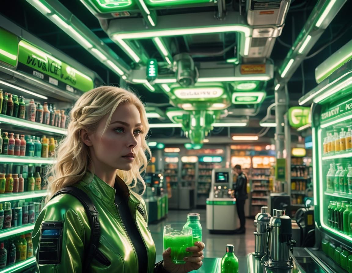 Futuristic Gas Station with Aliens in Neon Sci-Fi