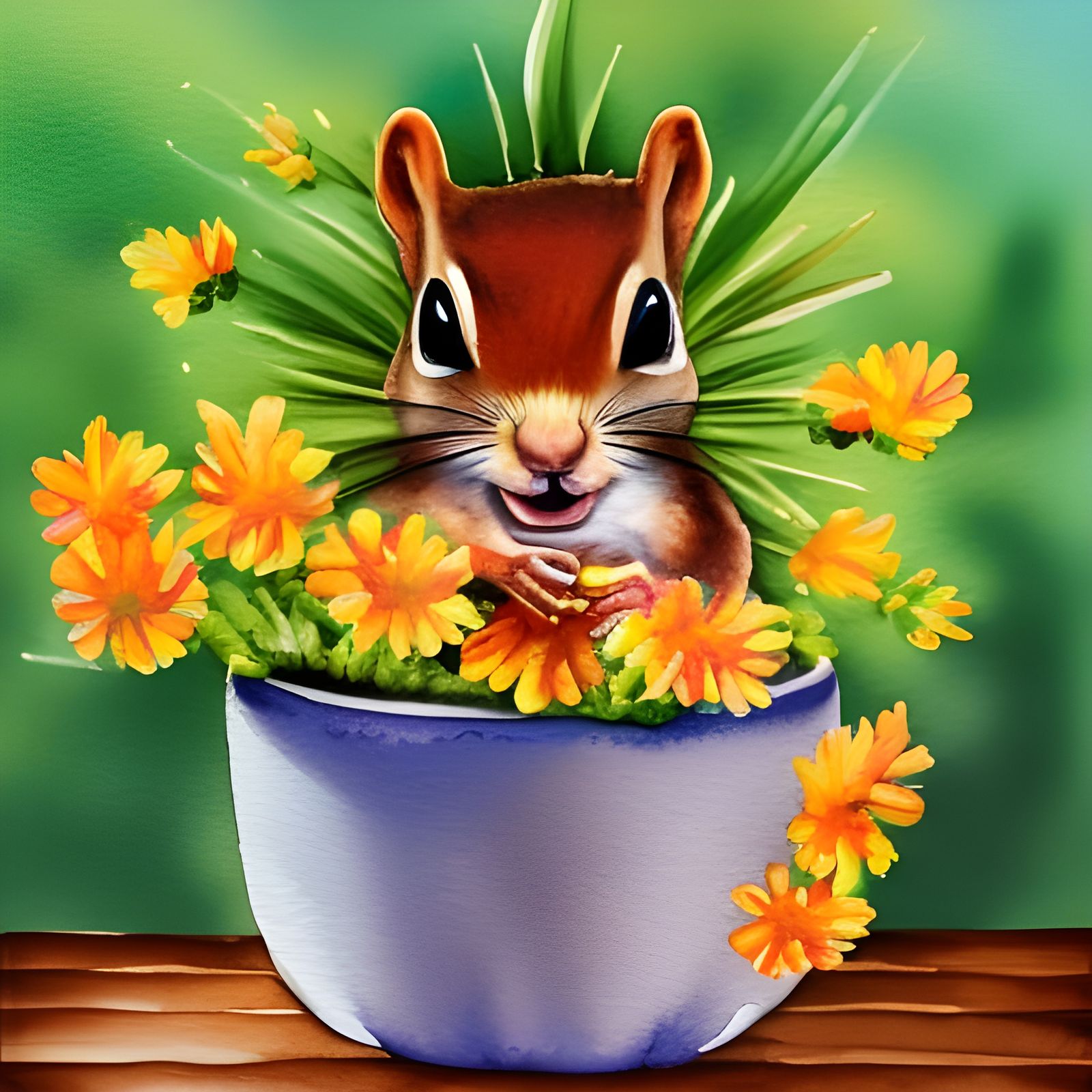 Cute Squirrel in Flower Pot: Watercolor Splash Art