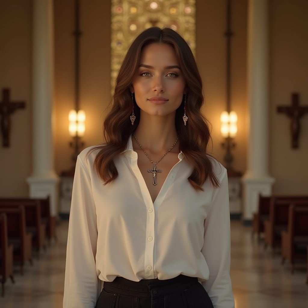 Hyper Realistic Photo of Woman in Temple at Dusk