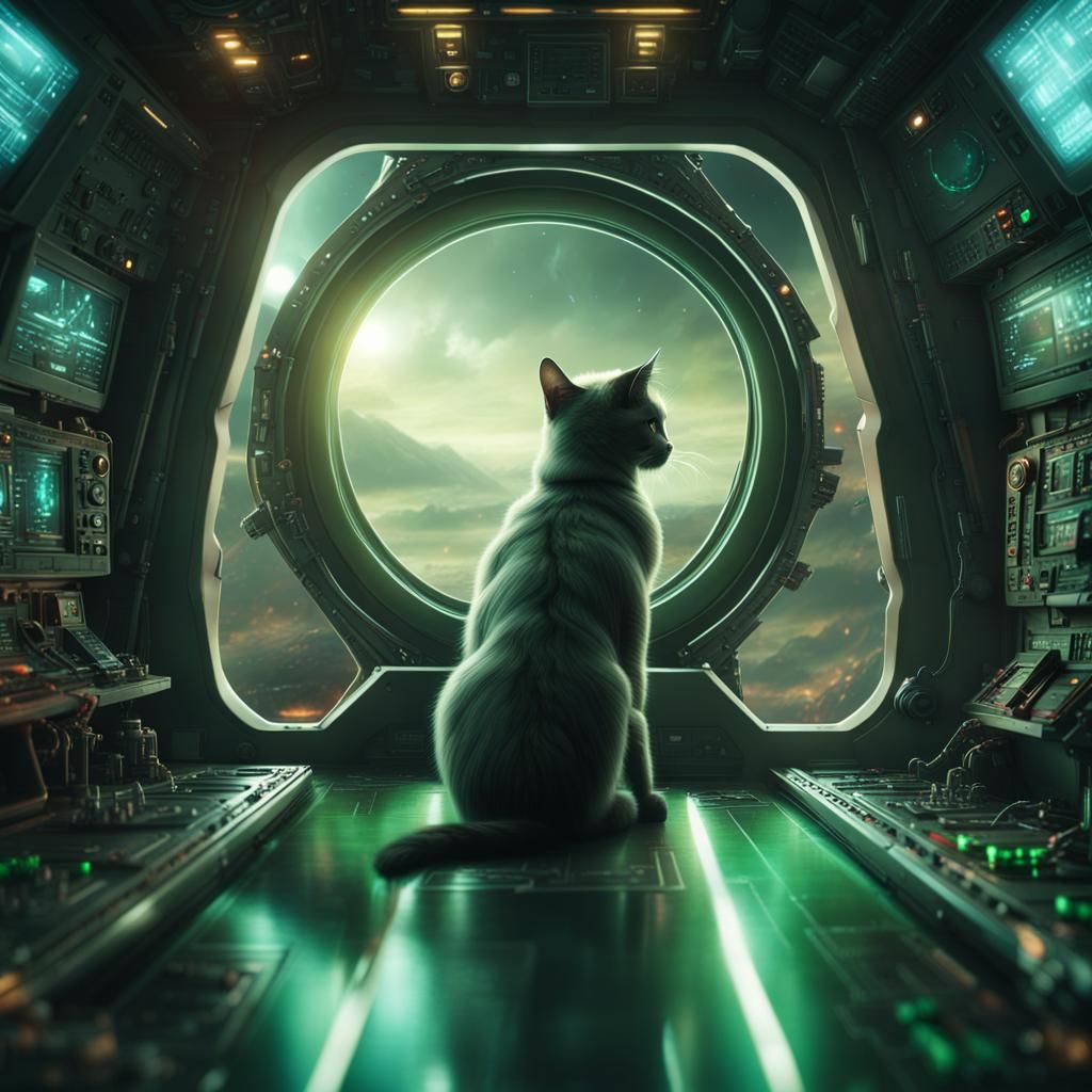 Humanoid Cat Piloting Spaceship: Digital Matte Painting