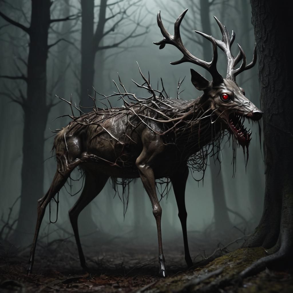 Eerie Mutated Deer in Dark Lovecraftian Woods