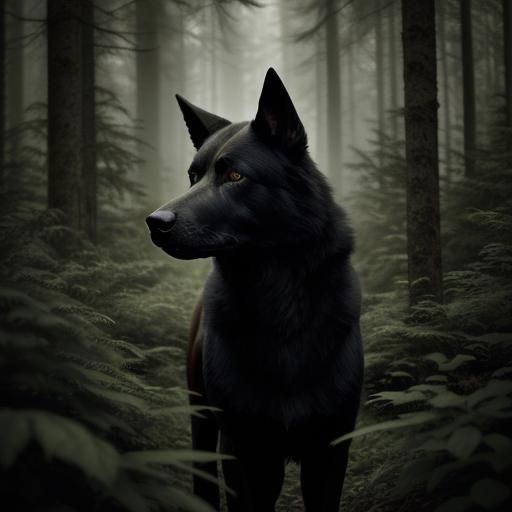 Moody Portrait of Black Elkhound in Forest Clearing