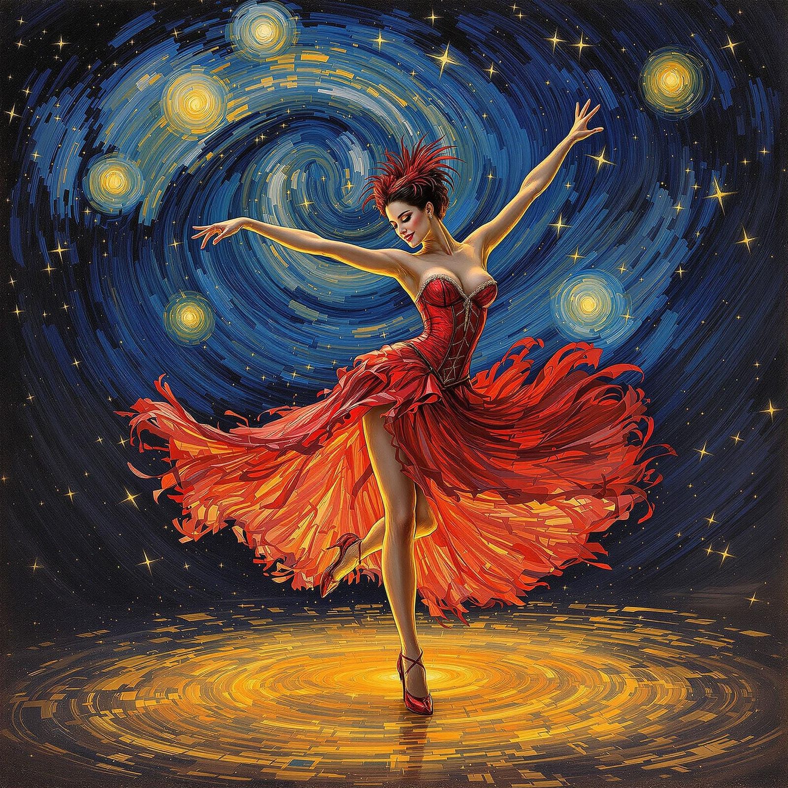 Moulin Rouge Dancer Under Starry Sky, Van Gogh Style