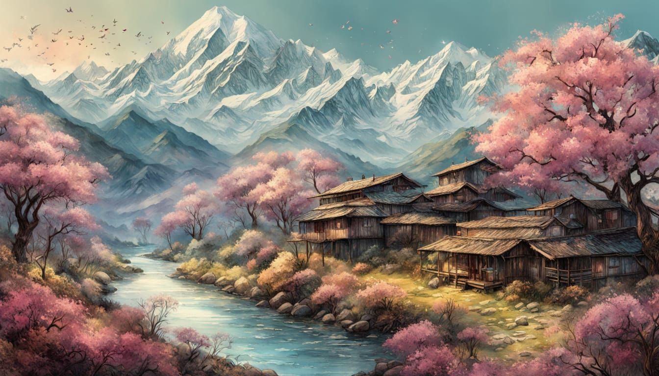 Surreal Himalayan Village Blooms in Vibrant Pastels
